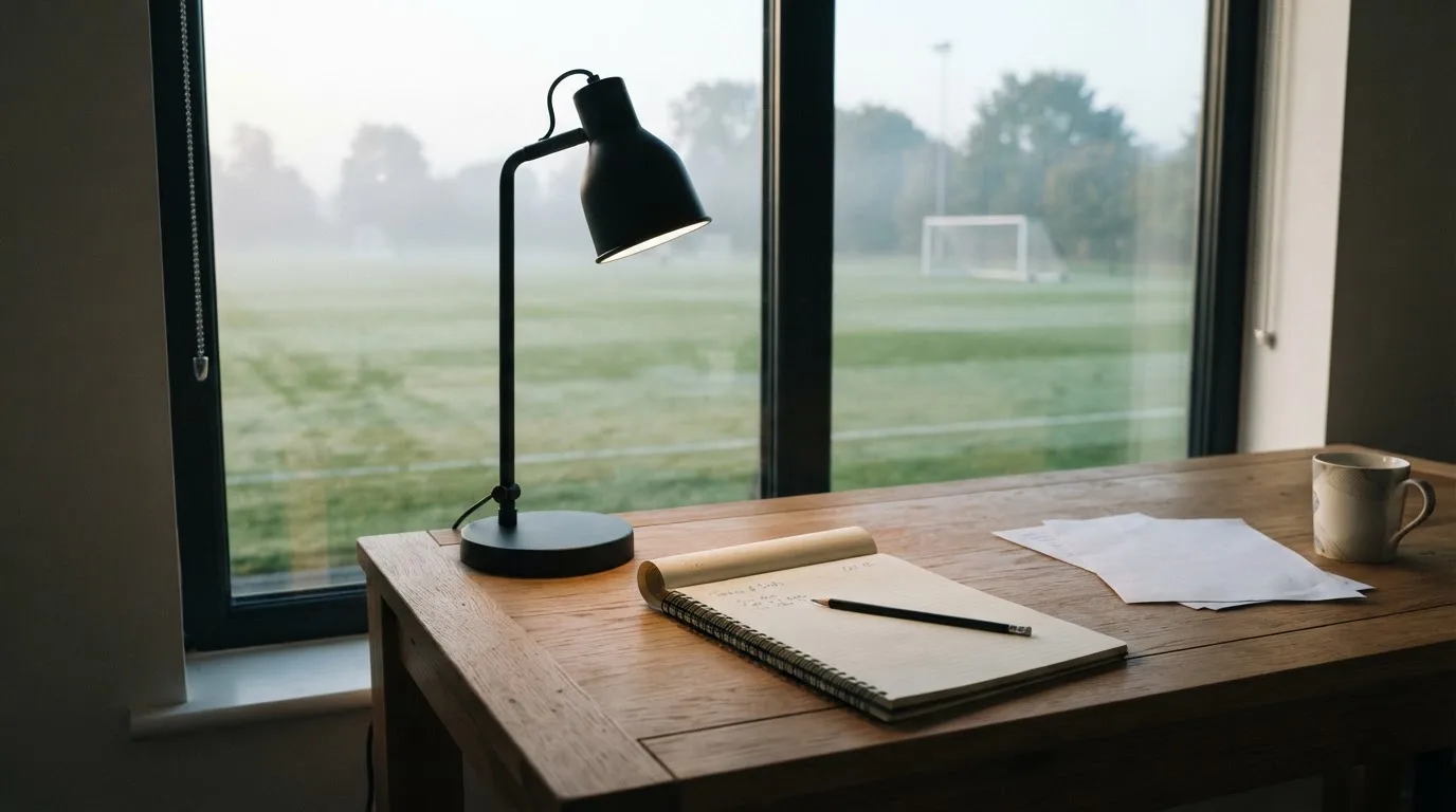 Ein Schreibtisch am Fenster mit Schreibtischlampe, Bleistift und leerem Block, draussen liegt ein Fussballplatz im Dunst.
