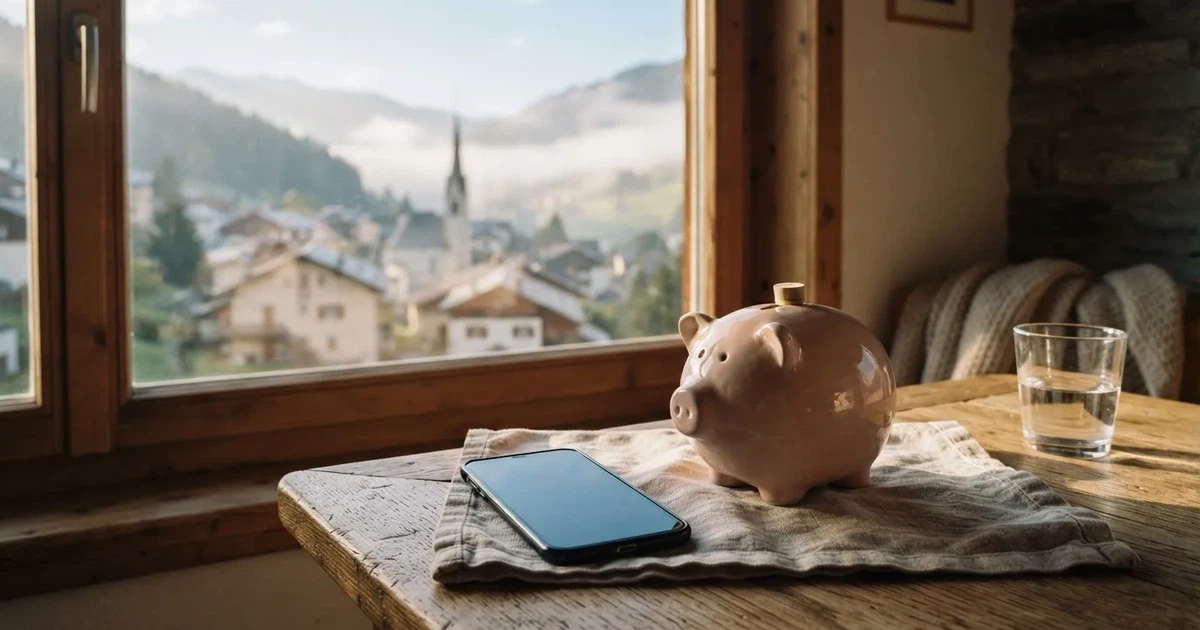 Ein Sparschwein aus Keramik steht auf einem Küchentisch neben einem Smartphone mit dunklem Display, im Fenster dahinter ein Schweizer Dorf im Morgenlicht.