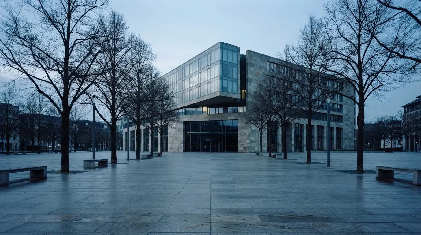 Ein Verwaltungsgebäude aus Glas und Stein steht an einem leeren Platz am frühen Morgen, davor eine Reihe kahler Bäume.