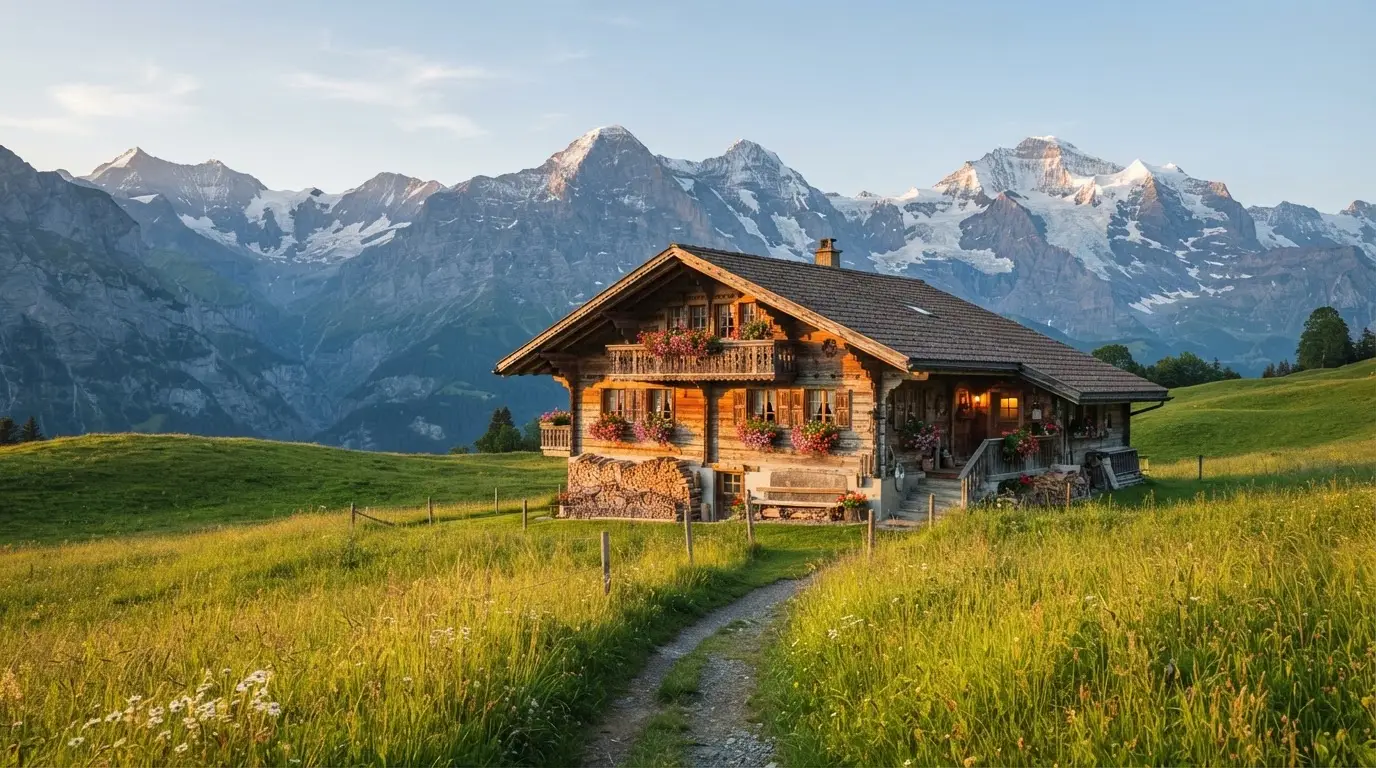 Ein Holzchalet mit Blumenkästen steht vor einer Bergkette im Abendlicht, davor führt ein leerer Feldweg durch eine Wiese.