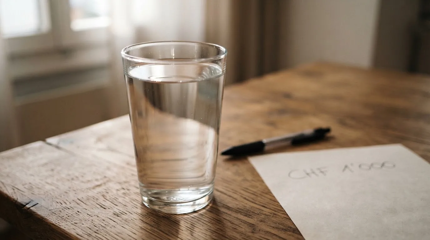 Ein Glas steht bis zum Rand gefüllt auf einem Holztisch, daneben ein Kugelschreiber und ein leeres Blatt Papier im Seitenlicht.