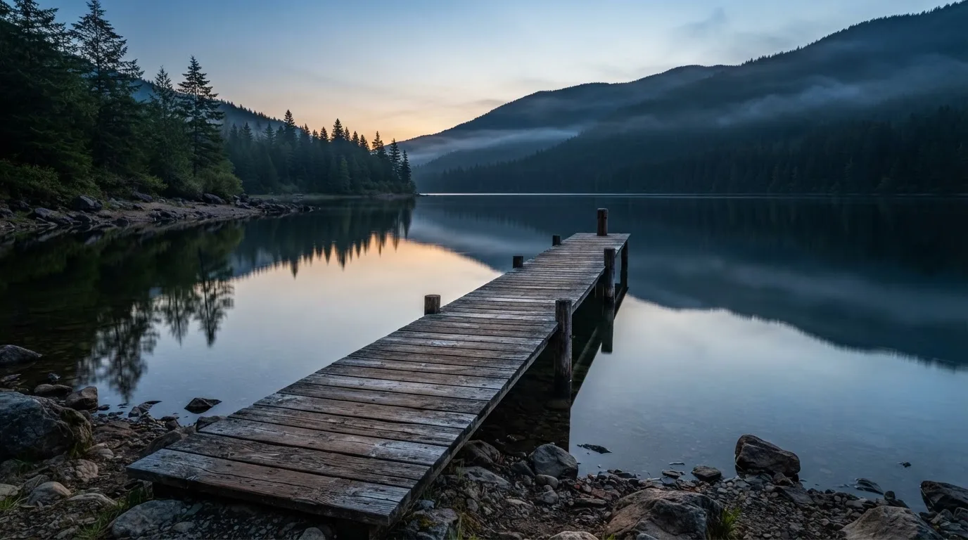 Ein Bergsee in der Dämmerung mit einem leeren Holzsteg, die Wasseroberfläche ist ruhig und Nebel zieht über die Hänge.