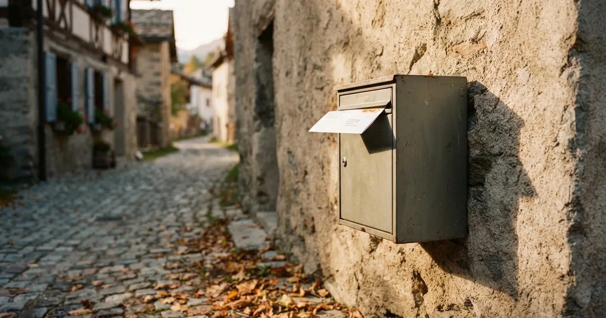 Ein Briefkasten aus Metall hängt an einer Steinmauer in einer Schweizer Gasse, Herbstlaub liegt auf dem Pflaster.