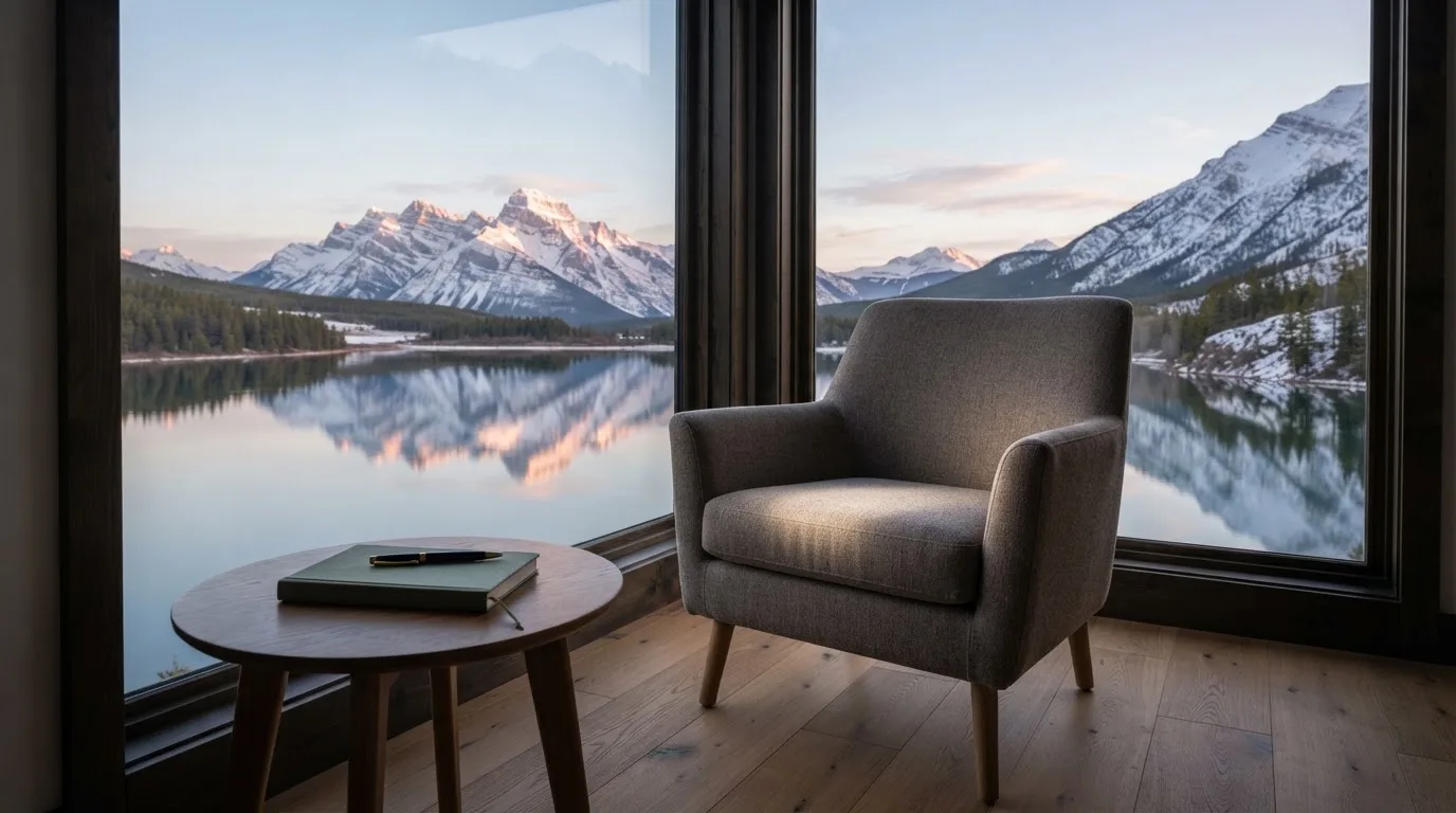 Ein leerer Sessel steht an einem Fenster mit Blick auf einen ruhigen See und schneebedeckte Berge im Morgenlicht.
