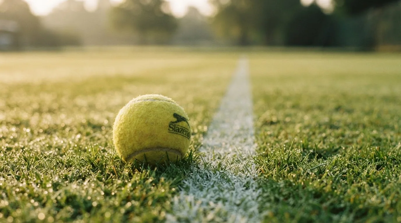 Ein gelber Tennisball liegt im Gras neben der weissen Grundlinie, Tau glitzert auf den Halmen im flachen Sonnenlicht.