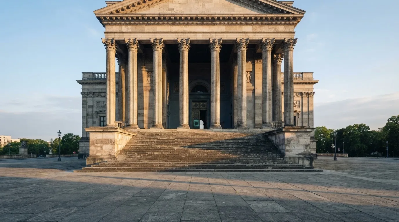 Eine steinerne Treppe führt zu einem Portal mit Säulen im Morgenlicht, der Platz davor ist leer.