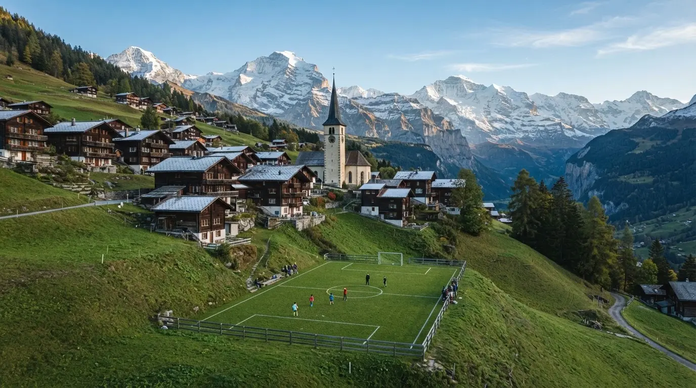 Ein Schweizer Bergdorf mit Kirchturm und einem kleinen Fussballplatz am Hang, im Hintergrund schneebedeckte Gipfel.