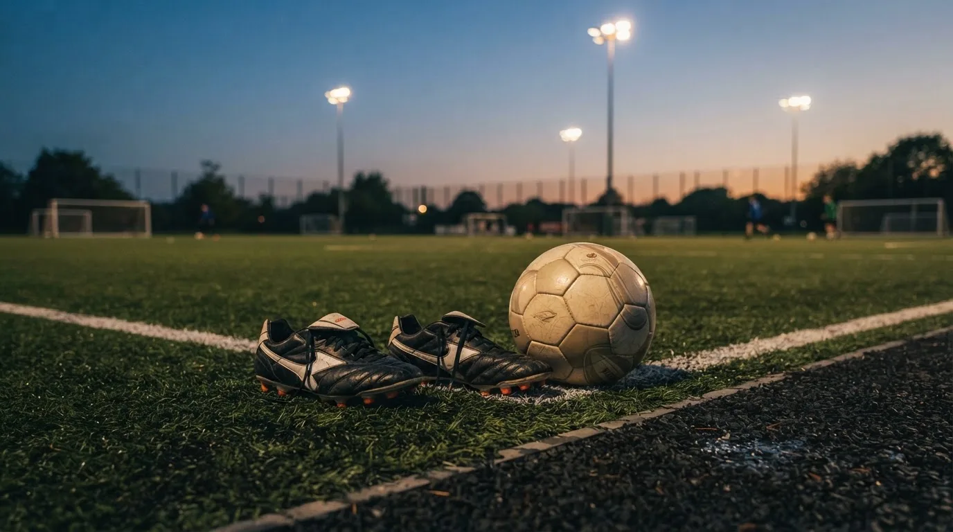 Ein Fussball und ein Paar Stollenschuhe stehen am Rand eines Kunstrasenplatzes, Flutlichtmasten ragen in den Abendhimmel.