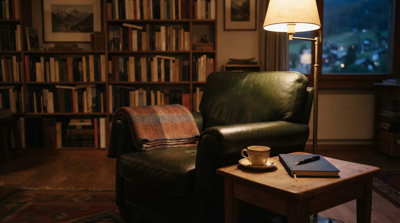 Ein Lesesessel mit Wolldecke steht neben einem Bücherregal und einer Stehlampe, auf dem Tisch eine Teetasse.