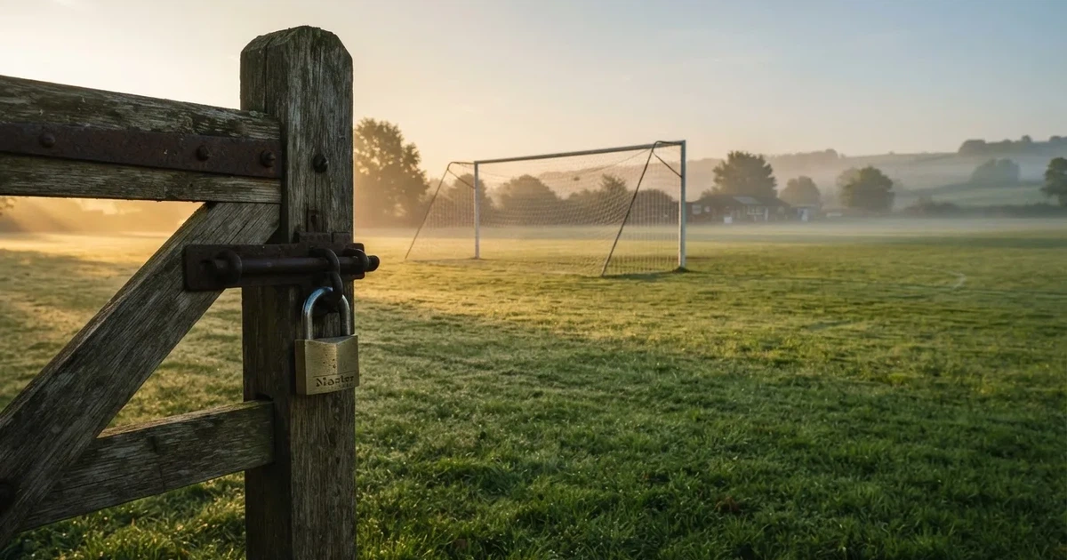Ein Vorhängeschloss hängt an einem Holztor neben einem Fussballplatz im Morgenlicht, der Rasen ist taufeucht.