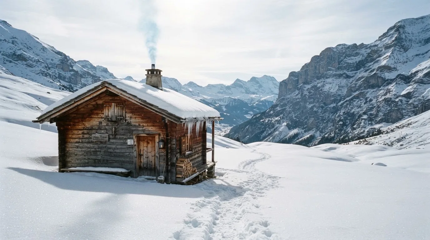 Eine Berghütte im Schnee mit rauchendem Kamin steht vor klarem Himmel, ein Pfad führt in die Stille.