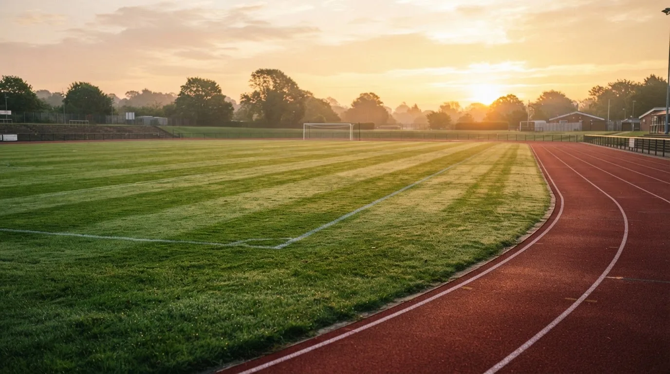 Eine rote Laufbahn umringt ein Fussballfeld beim Sonnenaufgang, auf dem Rasen liegt Tau.