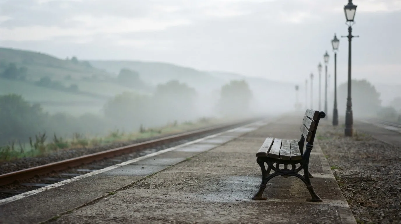 Ein leerer Bahnsteig mit einer Holzbank im Morgennebel, dahinter sanfte Hügel.