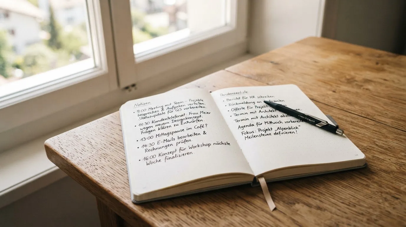 Ein aufgeschlagenes Notizbuch mit handschriftlichen Notizen und ein Kugelschreiber liegen auf einem Holztisch neben einem Fenster mit Tageslicht.