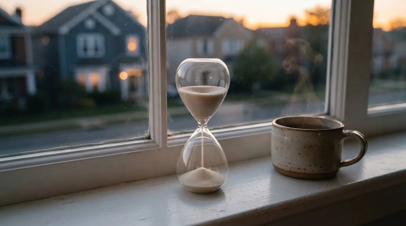 Eine Sanduhr steht auf einem Fensterbrett neben einer Tasse Tee, draussen dämmert es über einer ruhigen Strasse.