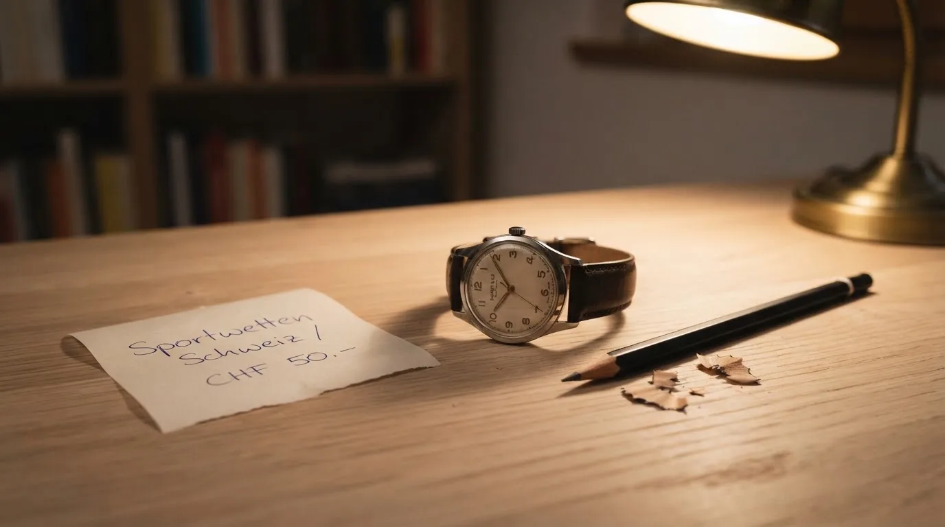 Eine Armbanduhr und ein gespitzter Bleistift liegen auf einem hellen Holztisch im Licht einer Schreibtischlampe.