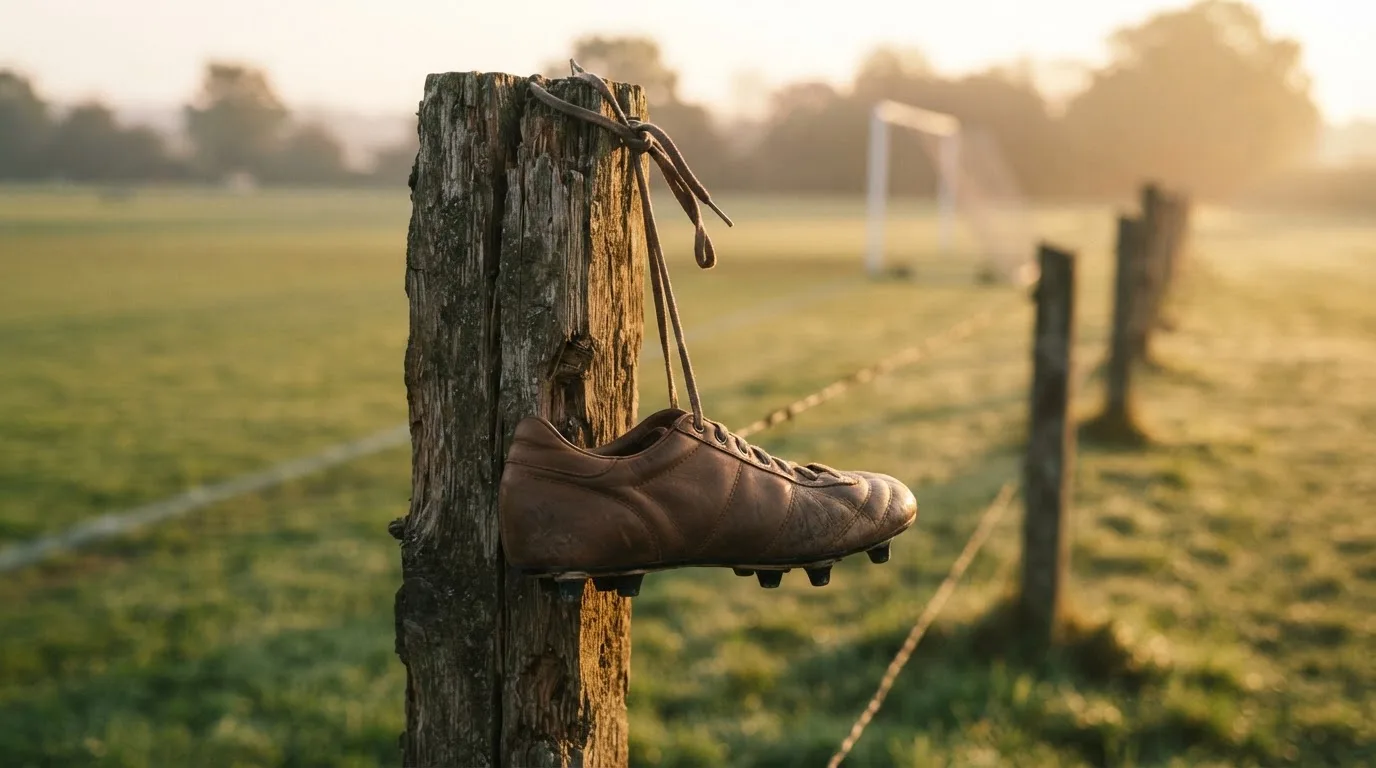 Ein Fussballschuh hängt an den Schnürsenkeln an einem Zaunpfosten neben einem Trainingsplatz im Abendlicht.