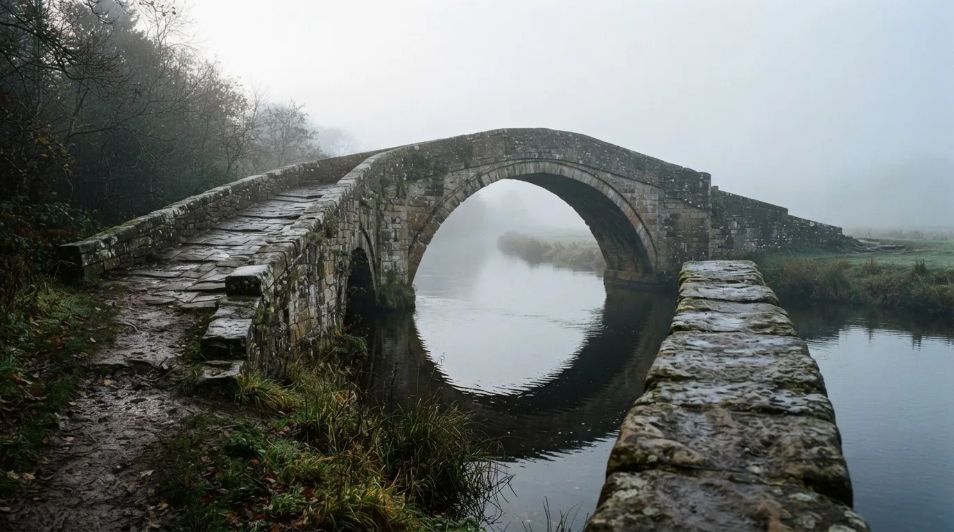 Eine Steinbrücke führt im Frühnebel über einen Fluss, auf dem Fussweg ist niemand zu sehen.