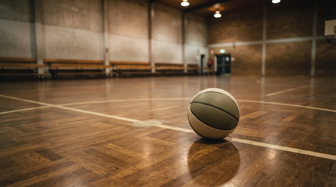 Ein Basketball liegt auf dem Parkett einer leeren Sporthalle im Licht der Deckenlampen.