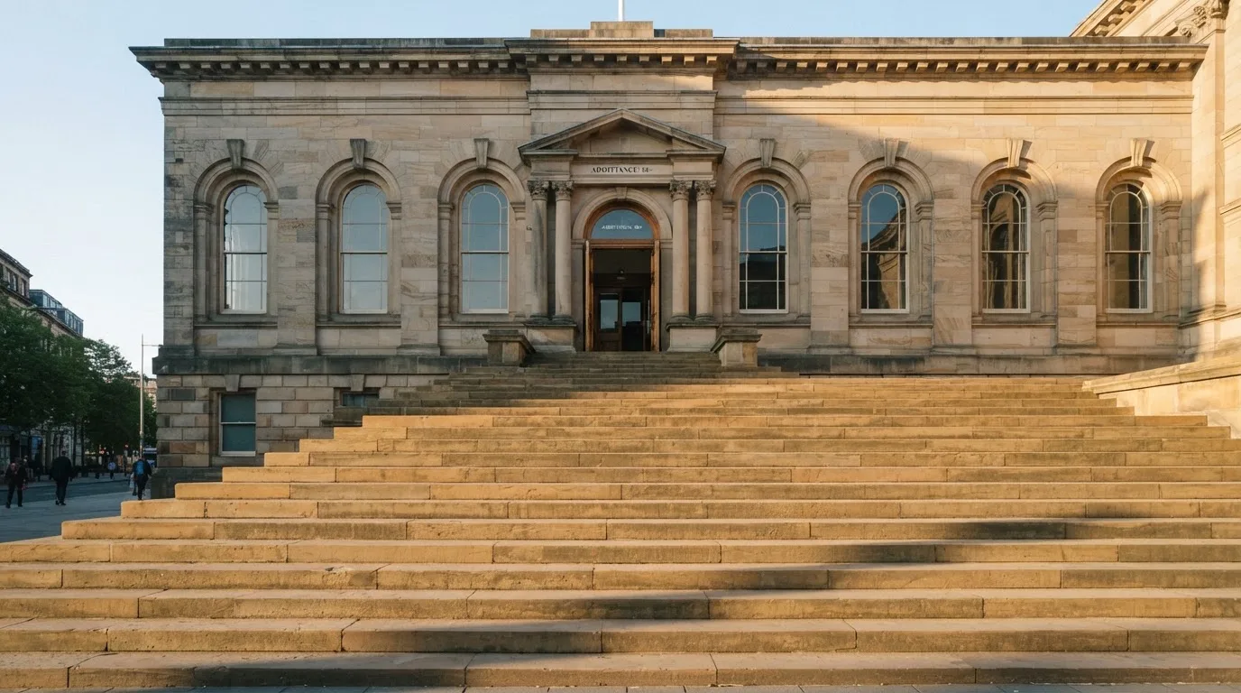 Eine breite Treppe aus Sandstein führt im Morgenlicht zu einem hohen Gebäude.