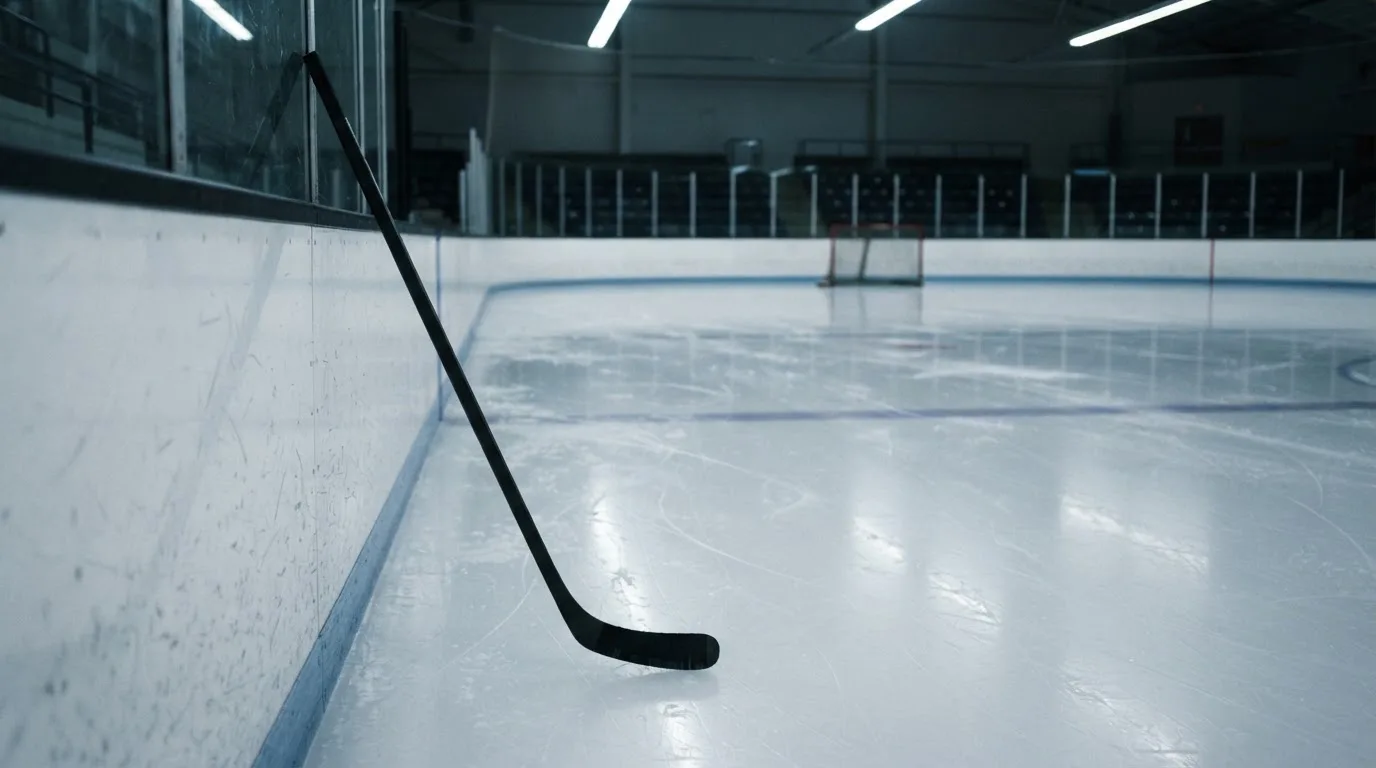 Ein Eishockeyschläger lehnt an der Bande einer leeren Halle, auf dem Eis spiegeln sich die Deckenlampen.