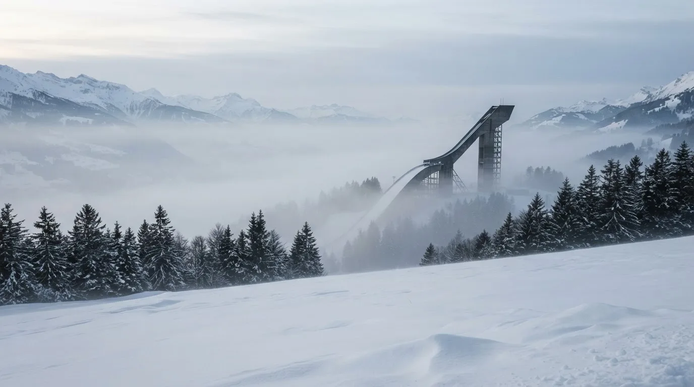 Eine Skisprungschanze ragt aus der Ferne gesehen in den Morgennebel, davor ein verschneites Feld.