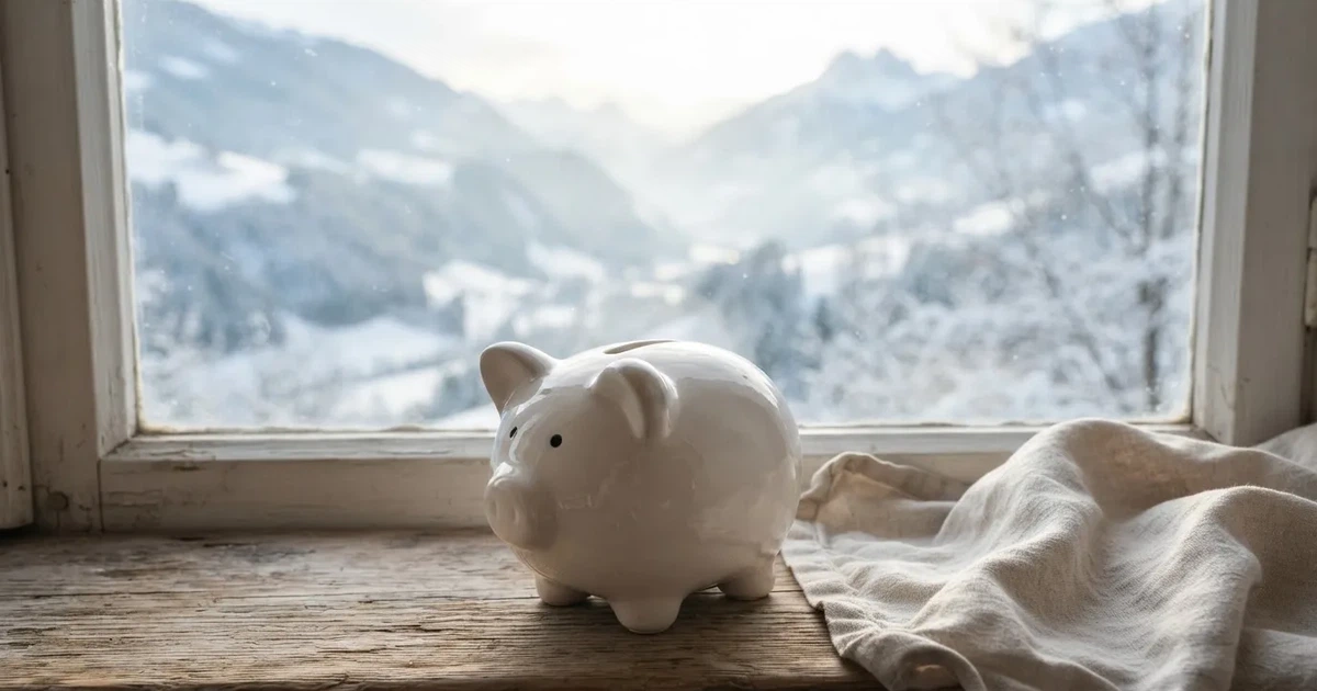 Eine leere Sparbüchse aus Keramik steht auf einem Fensterbrett, draussen liegt eine verschneite Landschaft im Gegenlicht.