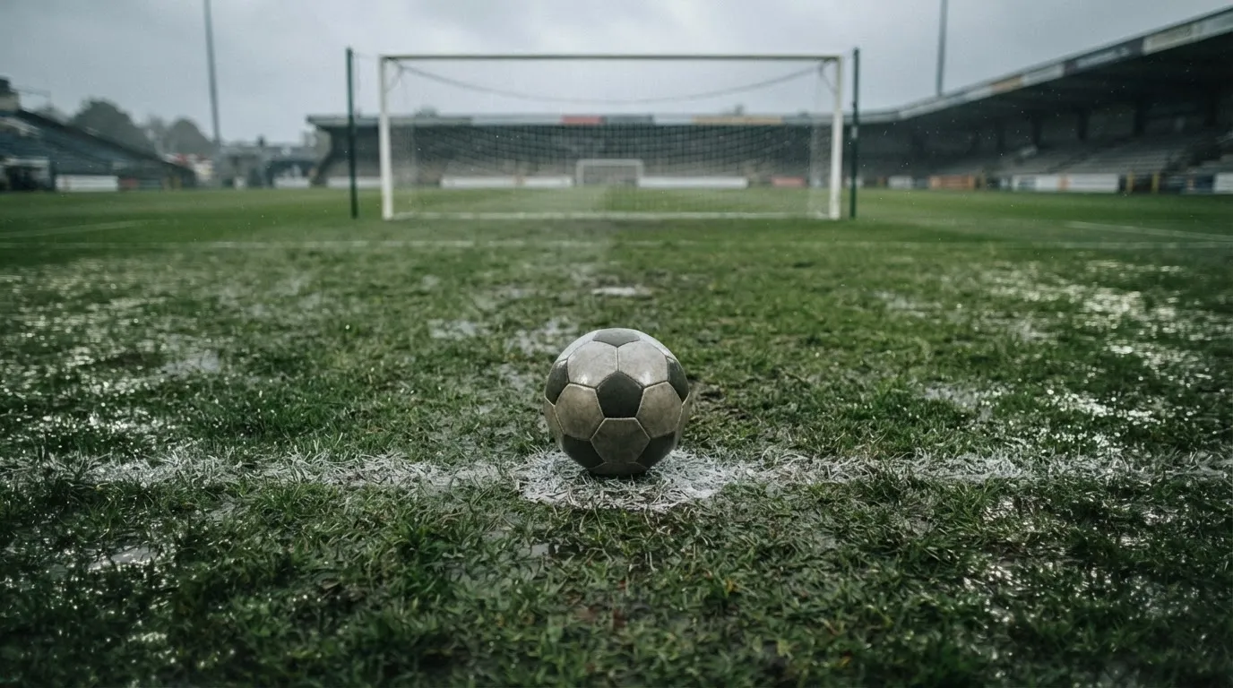 Ein einzelner Fussball liegt auf dem Elfmeterpunkt eines leeren Strafraums, der Rasen glänzt nass.