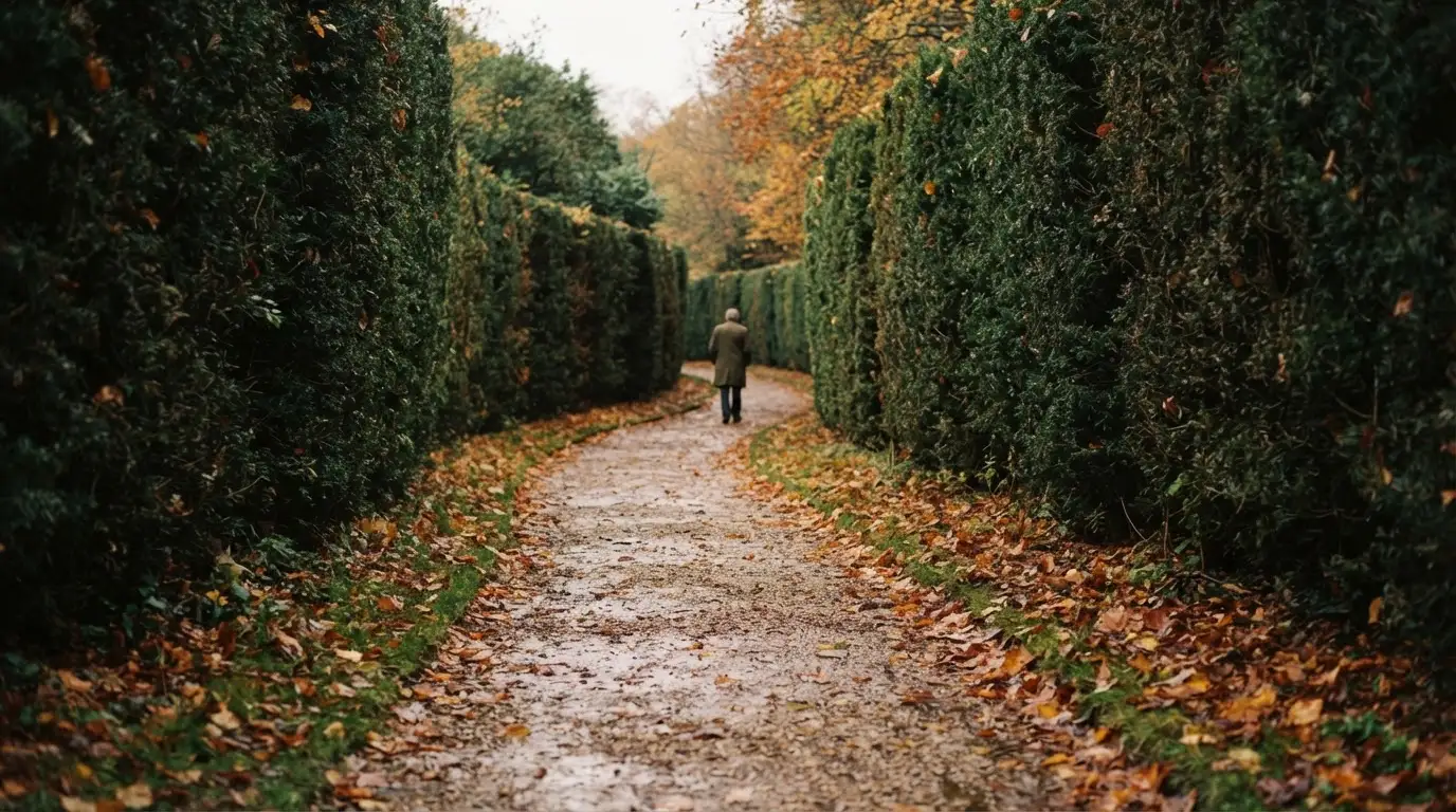 Ein schmaler Kiesweg führt zwischen zwei Hecken durch einen Park, auf dem Weg liegt Herbstlaub.