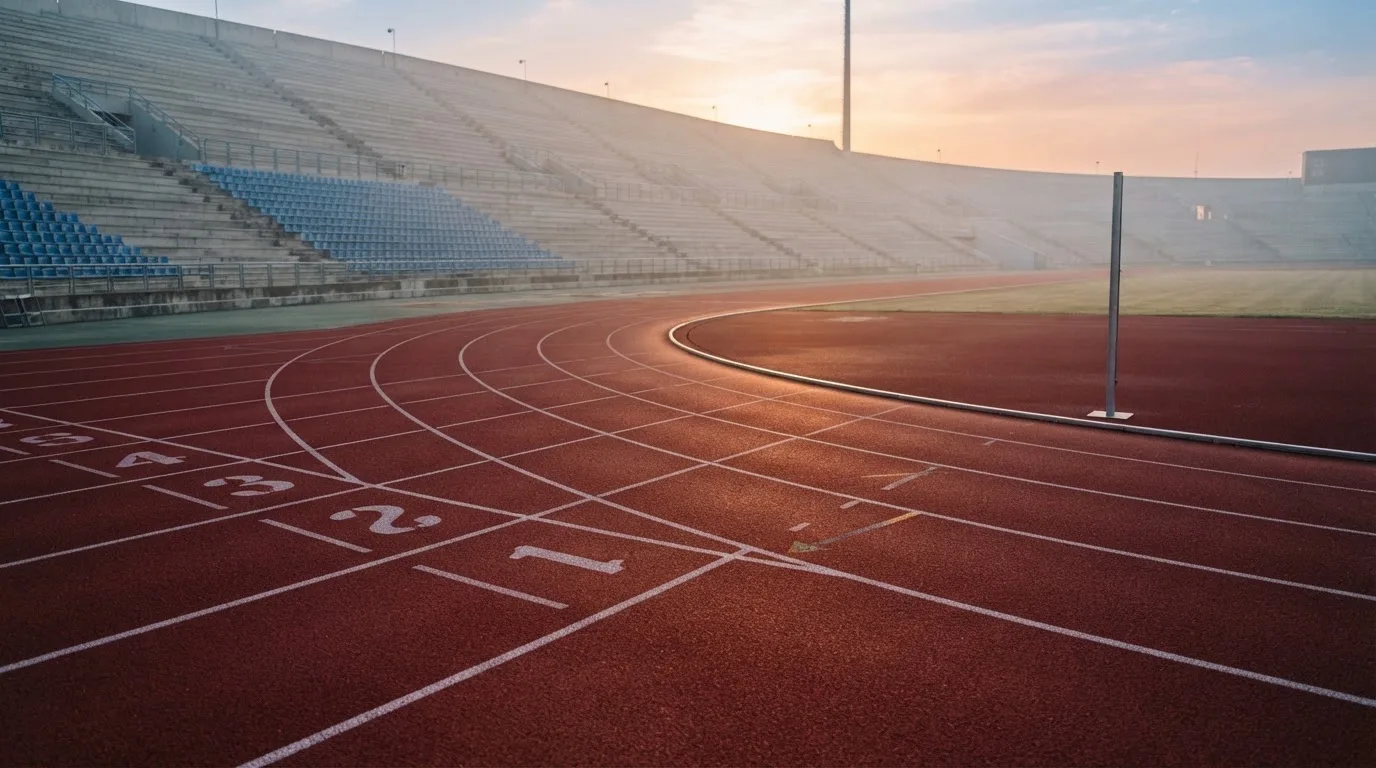 Eine rote Laufbahn in einem leeren Stadion bei Sonnenaufgang, die Bahnen ziehen sich in die Kurve.