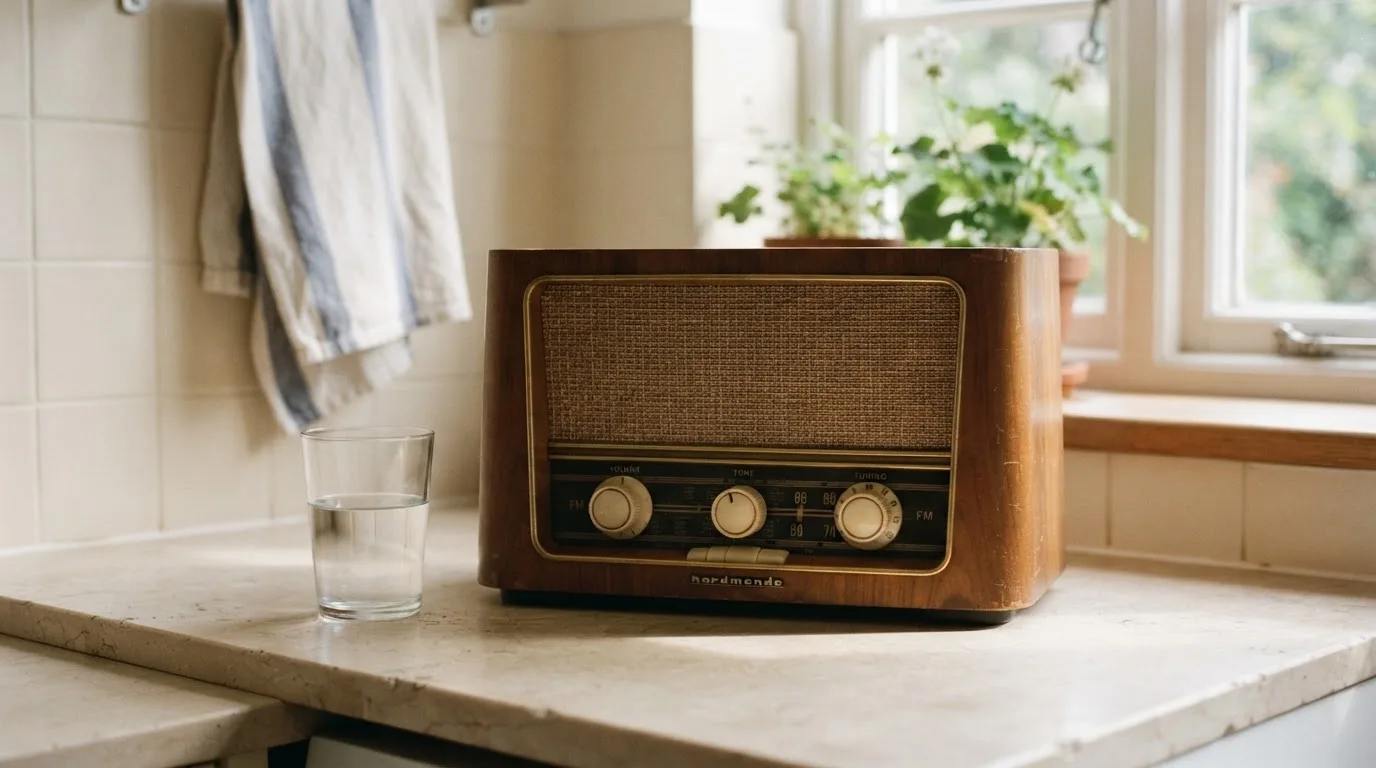 Ein altes Radio steht auf einer Küchenablage neben einem Glas Wasser, Morgenlicht fällt durchs Fenster.