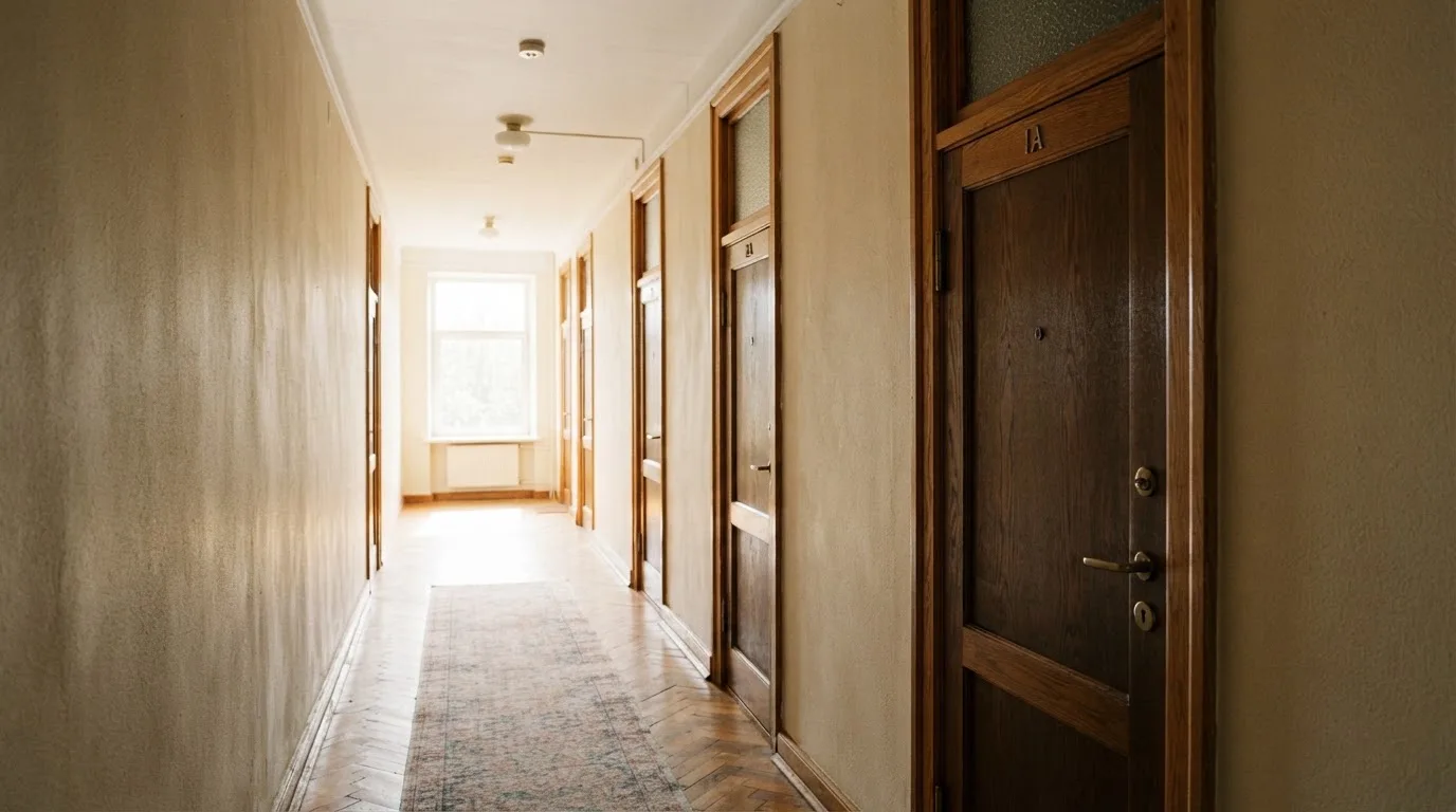 Ein Flur mit Holztüren im Gegenlicht, am Ende des Gangs fällt Tageslicht durch ein Fenster.