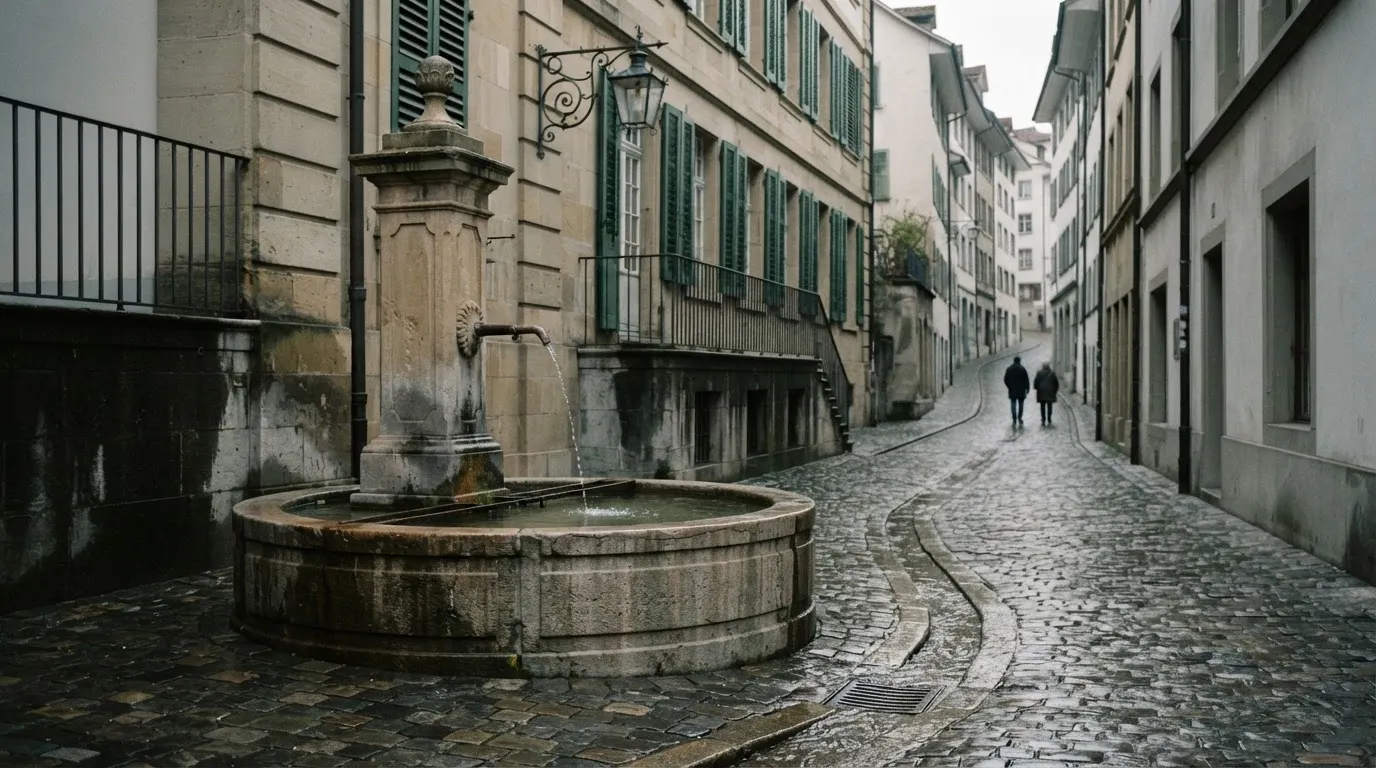 Ein Brunnen vor einer Sandsteinfassade in einer Altstadtgasse, nasses Kopfsteinpflaster und gedämpftes Licht eines bewölkten Morgens
