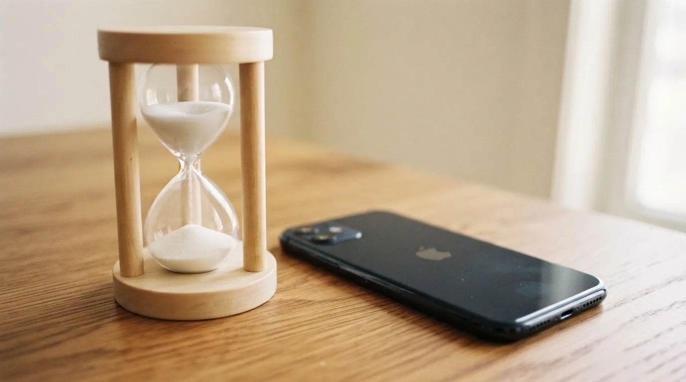 Eine Sanduhr steht neben einem Smartphone mit dunklem Display auf einem Holztisch, ruhiges Tageslicht fällt von der Seite ein