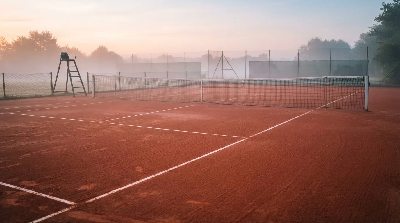 Ein Tennisplatz mit Sandbelag in der Morgendämmerung, Netz und Linien liegen im ersten Licht, Nebel hängt über dem Boden