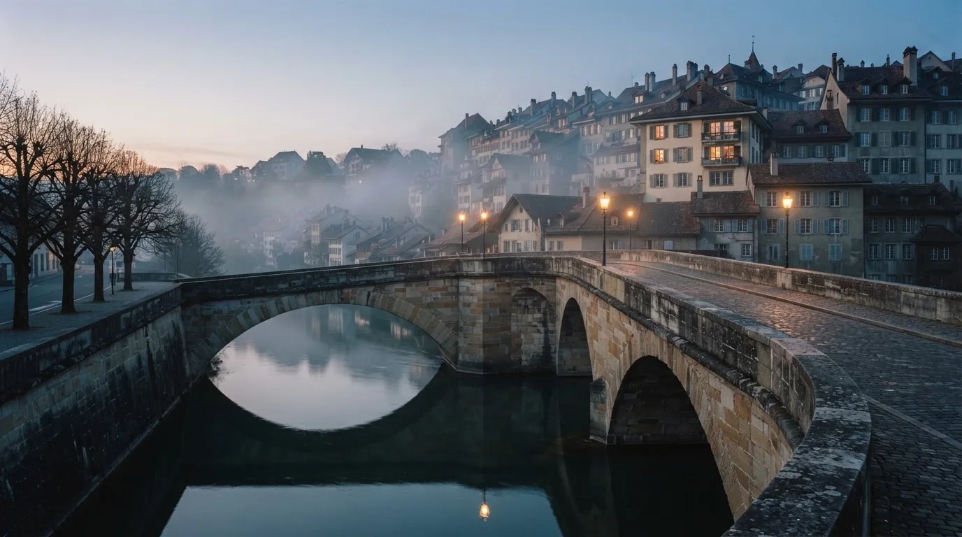 Eine steinerne Brücke über einen Fluss in einer Kleinstadt am frühen Morgen, Nebel zieht zwischen den Dächern hindurch