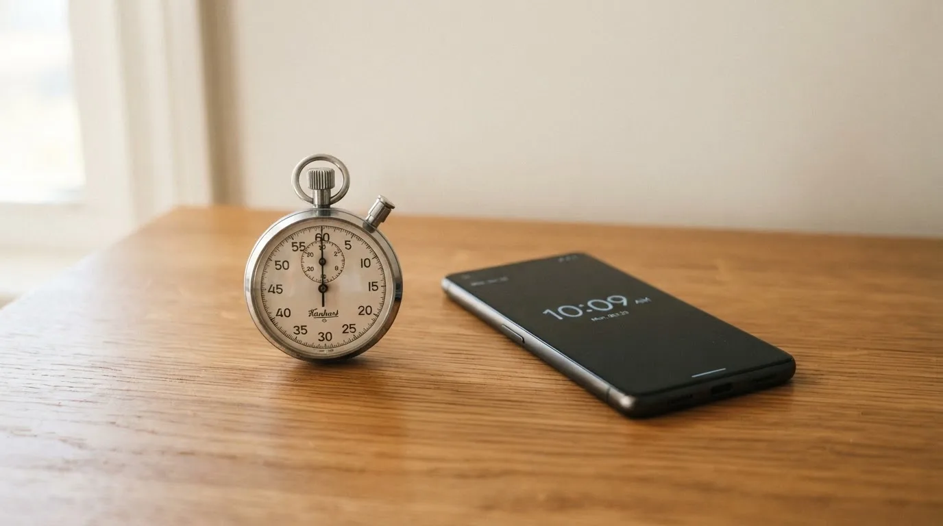 Eine Stoppuhr und ein Smartphone mit dunklem Display liegen nebeneinander auf einem Holztisch, weiches Fensterlicht