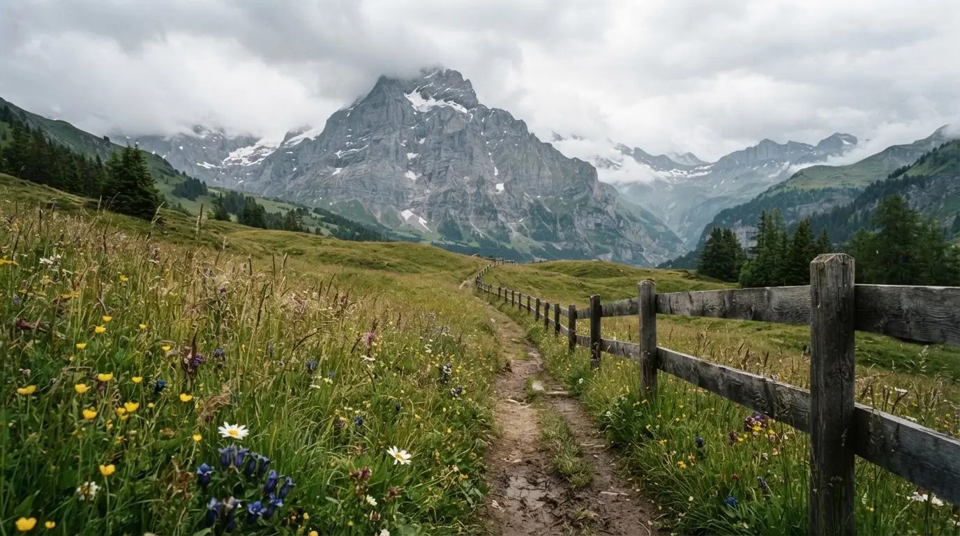 Ein Feldweg führt durch eine Alpwiese mit Holzzaun, im Hintergrund hängen Wolken über einem felsigen Gipfel