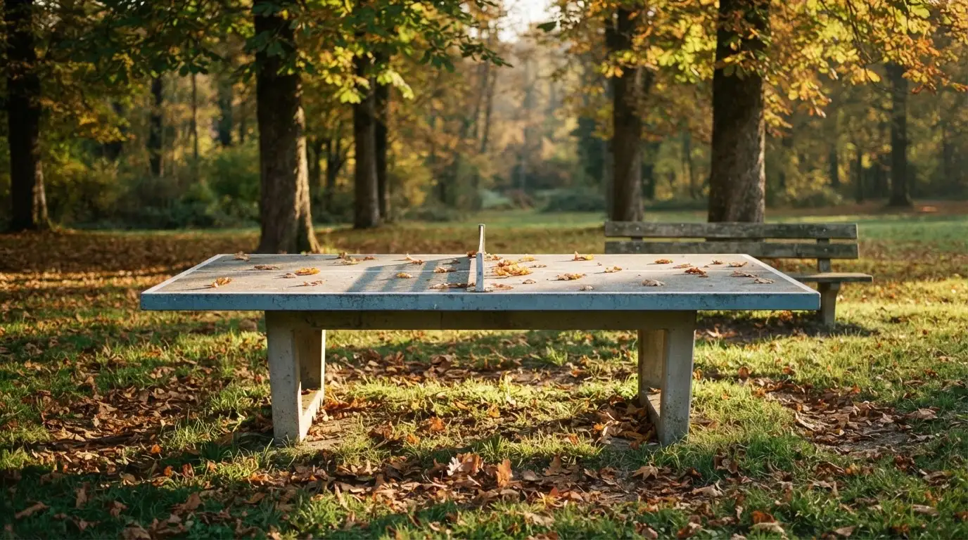 Eine Tischtennisplatte im Freien unter Bäumen, Herbstlaub liegt auf der Platte, das Licht fällt schräg durch die Äste