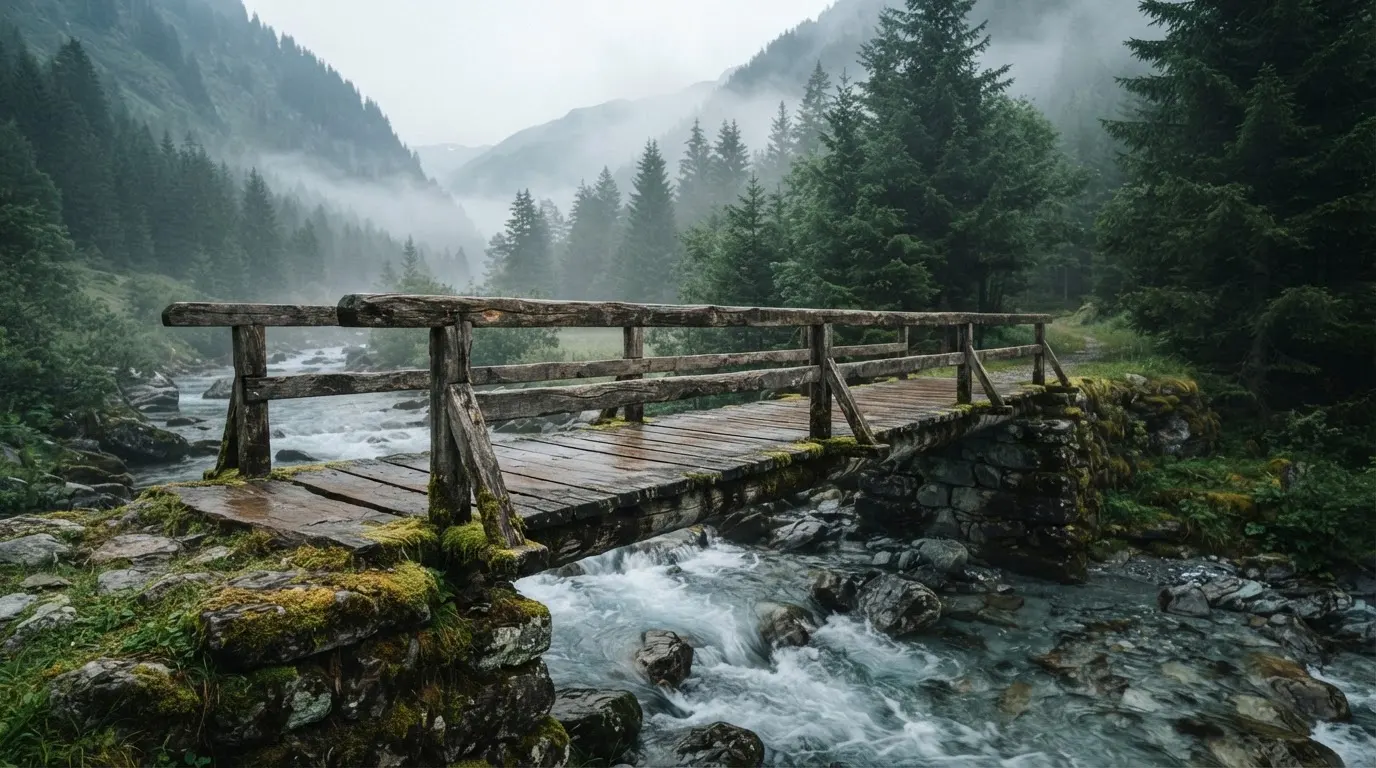 Eine alte Holzbrücke über einen Gebirgsbach, Moos auf den Steinen, Nebelschwaden hängen im Tal