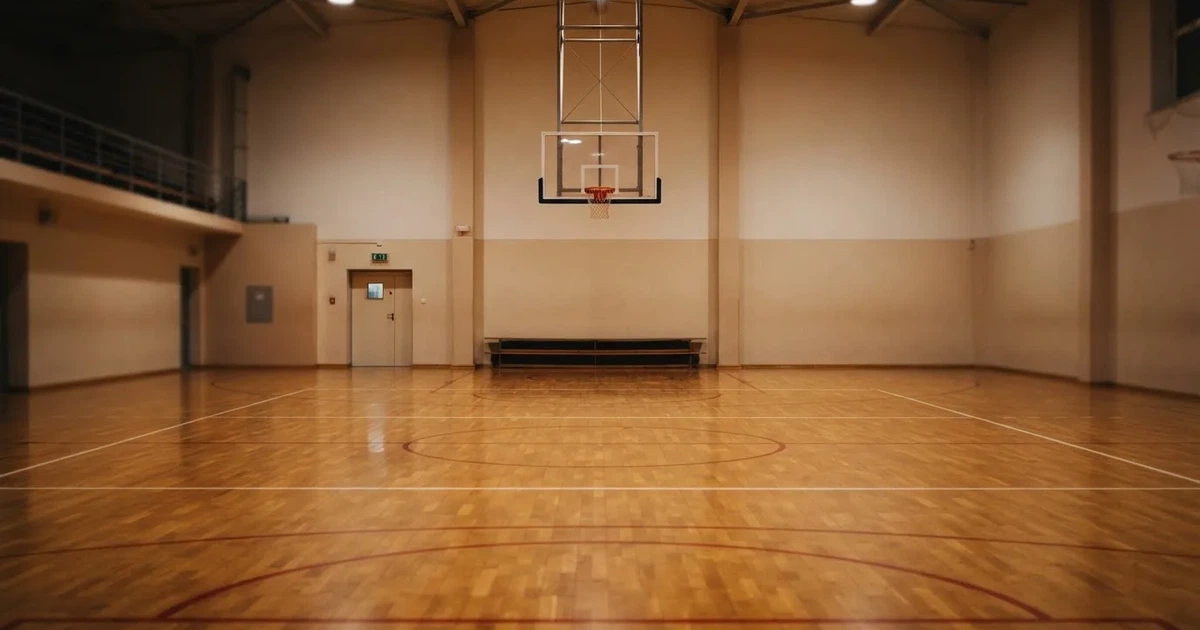 Ein Basketballkorb in einer leeren Halle, der Parkettboden glänzt im Licht der Deckenlampen