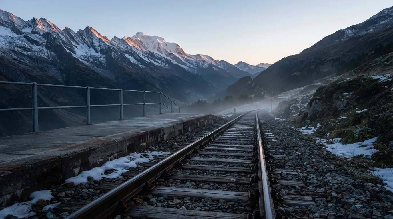 Ein Bahngleis in den Bergen mit Schneeresten und einem leeren Perron im Morgengrauen