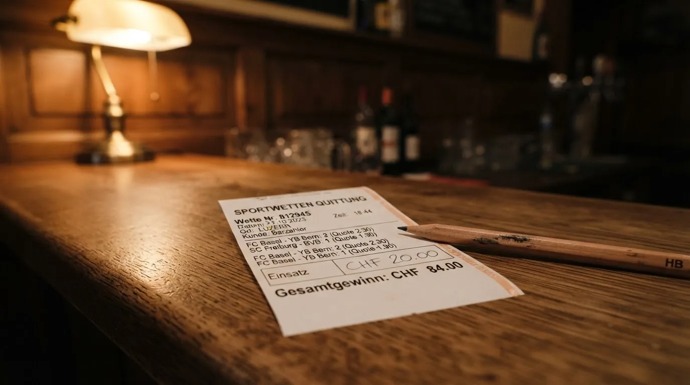 Ein leerer Wettschein aus Papier und ein Bleistift liegen auf einem Holztresen, warmes Licht einer Lampe