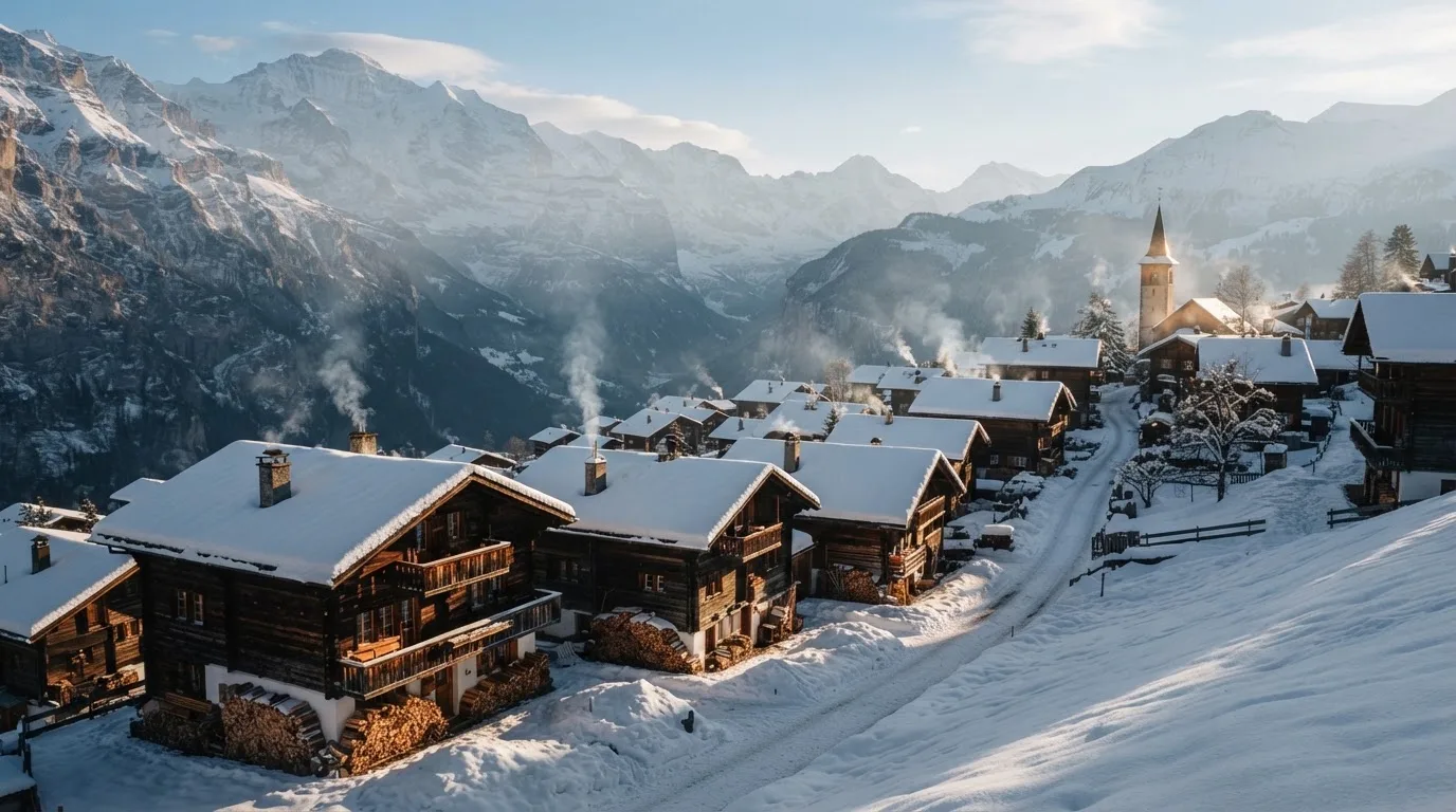 Ein Bergdorf mit Holzhäusern im Schnee, Rauch steigt aus einem Kamin, später Nachmittag mit tiefem Licht
