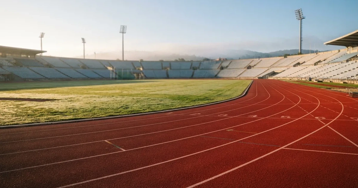 Eine rote Laufbahn in einem leeren Leichtathletikstadion, Morgentau liegt auf dem Rasen in der Mitte