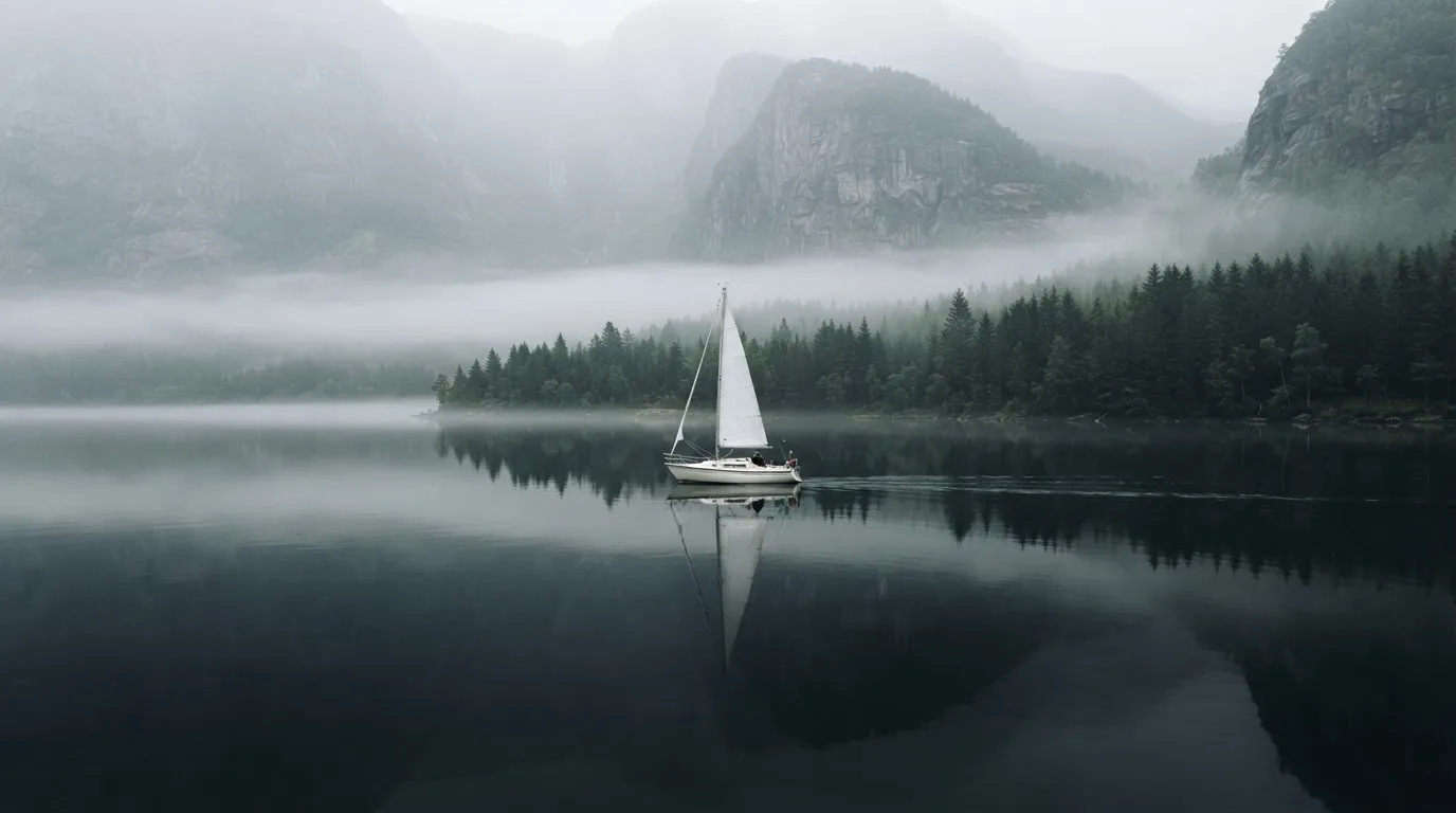 Ein kleines Segelboot auf einem ruhigen Bergsee, Nebel liegt am Ufer, die Berge verschwinden im Dunst