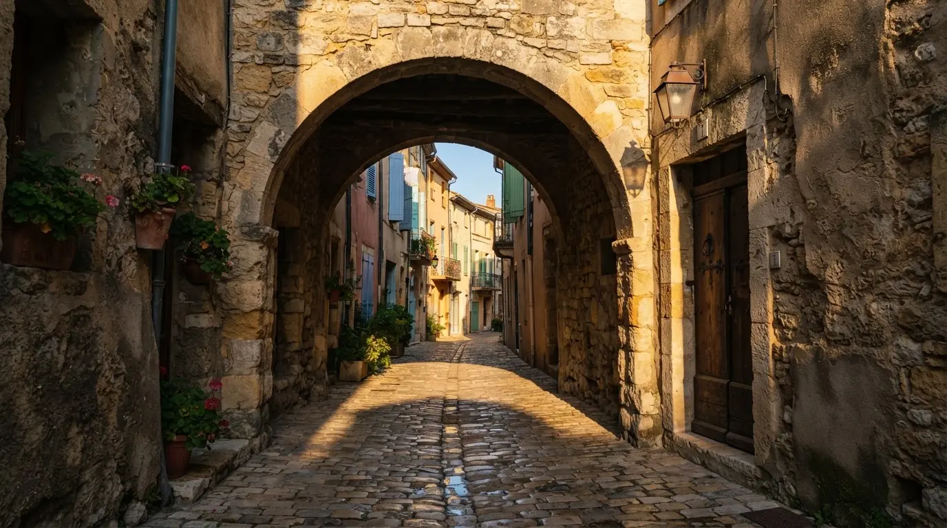 Ein steinerner Torbogen in einer Altstadtgasse, Morgensonne fällt schräg auf das Pflaster