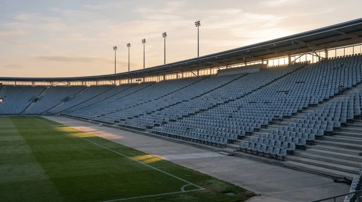 Eine leere Stadiontribüne bei Sonnenaufgang aus der Ferne, lange Schatten fallen über die Sitzreihen