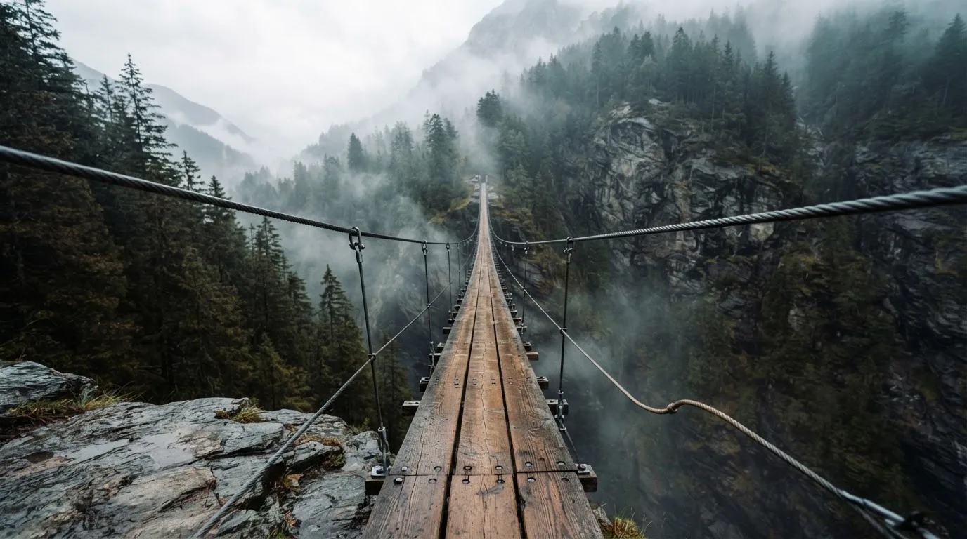 Eine Hängebrücke über eine Schlucht, Nebel steigt auf, dichter Wald bedeckt die steilen Hänge