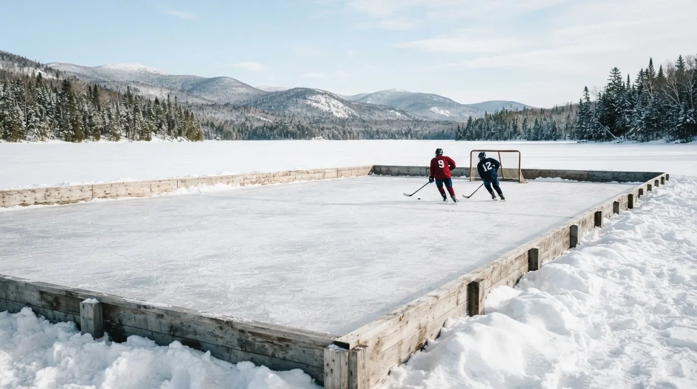 Ein Eishockeyfeld im Freien auf einem zugefrorenen See, Schneewehen an den Banden, klare Winterluft